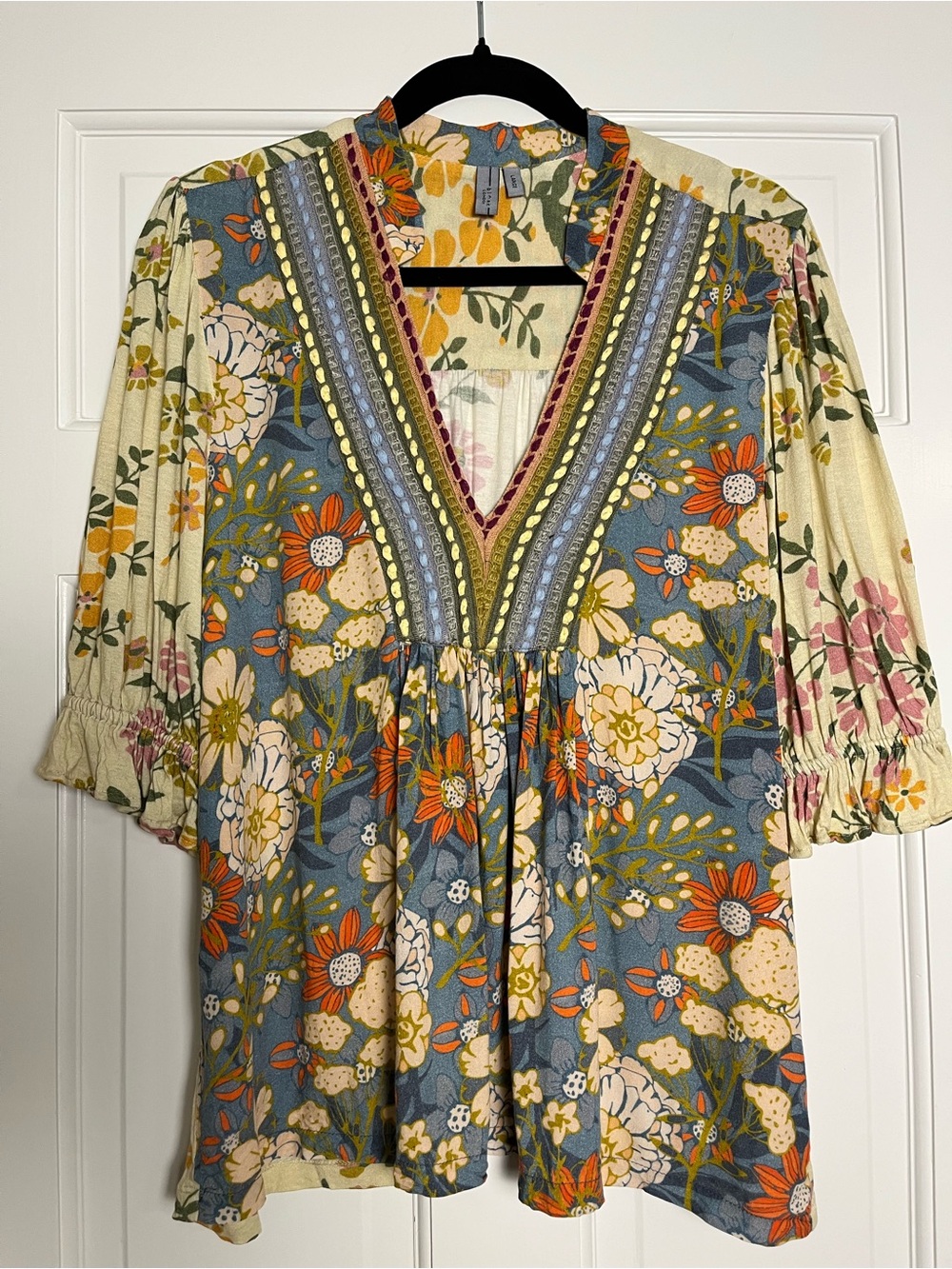 bl^nk London Colorful Bohemian Floral Puff Sleeve Peasant Top. Size Large - Picture 2 of 8